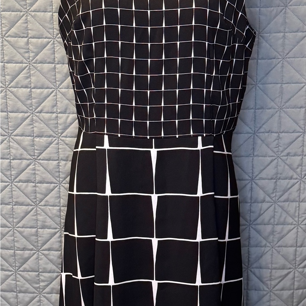 Who What Wear Black and White Sleeveless, High Neck, Grid Design Midi Dress - Picture 2 of 3